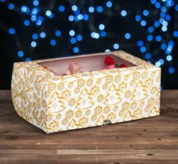 Изображение Коробка на 6 капкейков "Елки золотые", с окном, 25 х 17 х 10 см